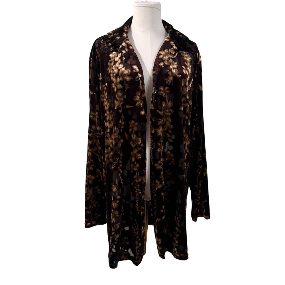 Notations Chocolate Brown Burnout Velvet Floral Cardigan Sweater 1x Fall Office